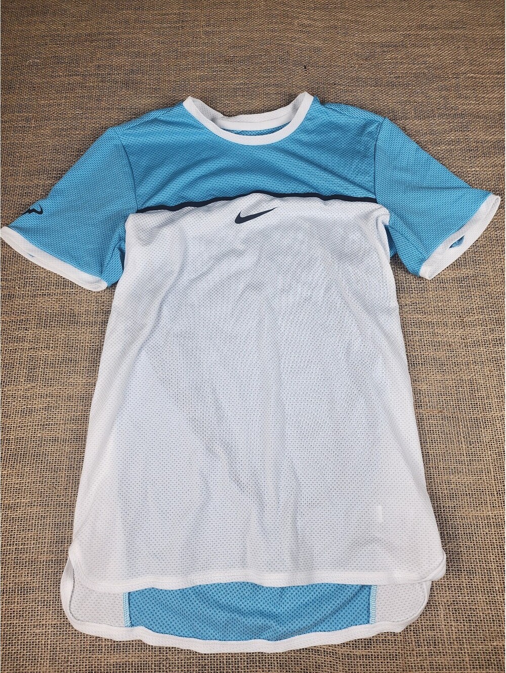 Nike Dri-FIT Women’s XS Blue White Running Shirt Mesh Reflective Athletic Top